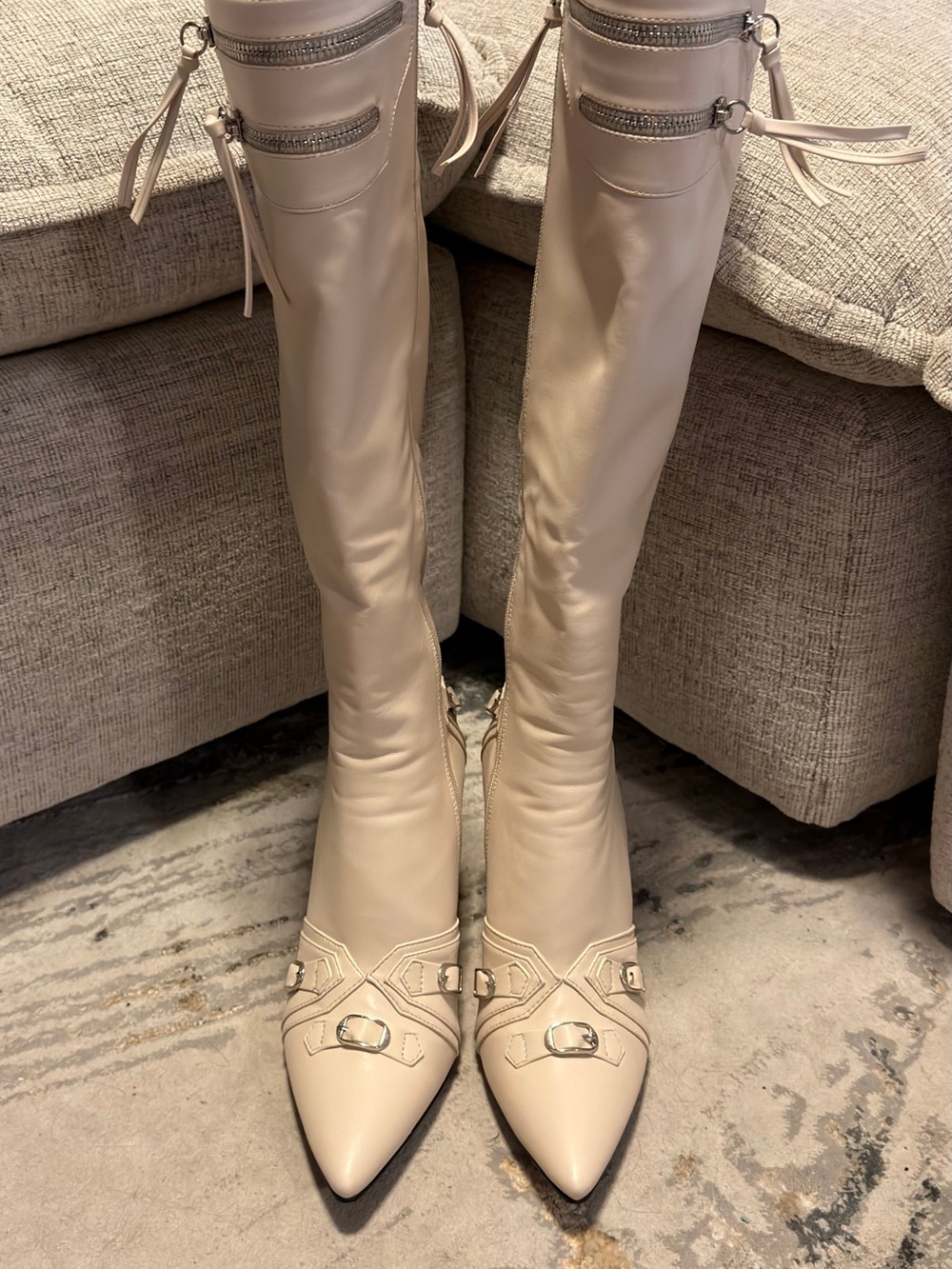 Princess Polly Cream Pointed-Toe Over-the-Knee Boots